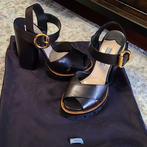 Prada Shoes - Prada Black Lug Sole Ankle Strap Sandal